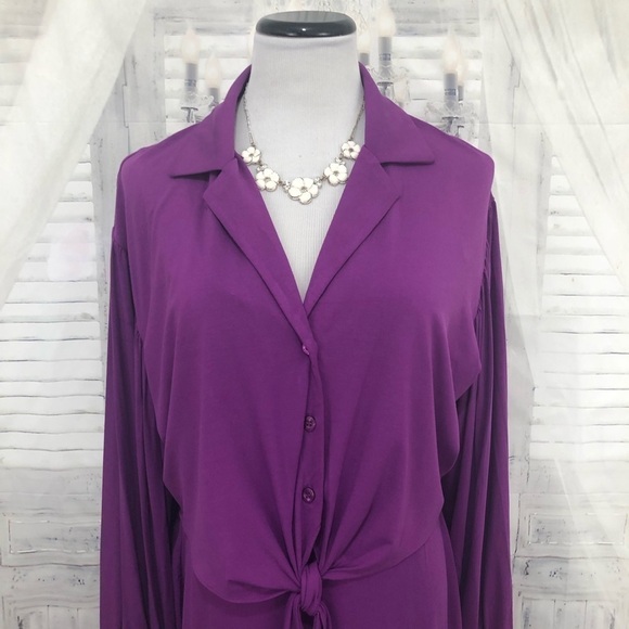 Calvin Klein Size 12 Long Sleeve Solid Purple Tie Front Dress Button Stretch NEW - Picture 3 of 13